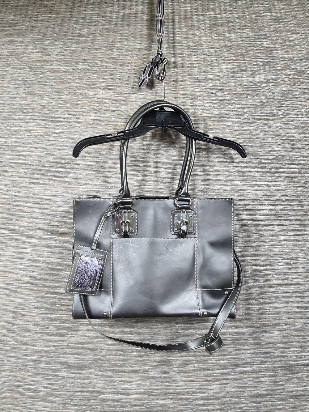 Wilsons Leather Tote Bag Womens Medium Gray Adjustable Strap Luggage Tag